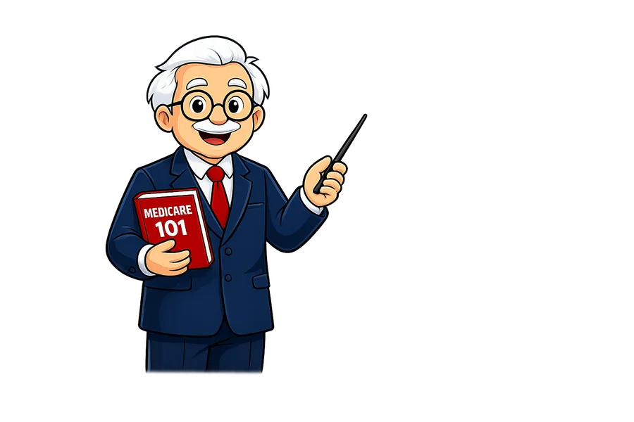 The Medicare Professor mascot pointing at a Medicare basics chalkboard